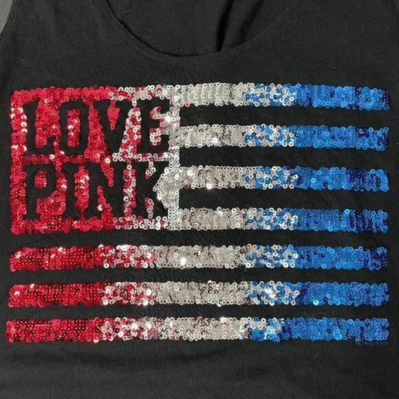 Pink by Victoria’s Secret Black Tank Top with Sequin American Flag - Women’s S - Picture 2 of 4